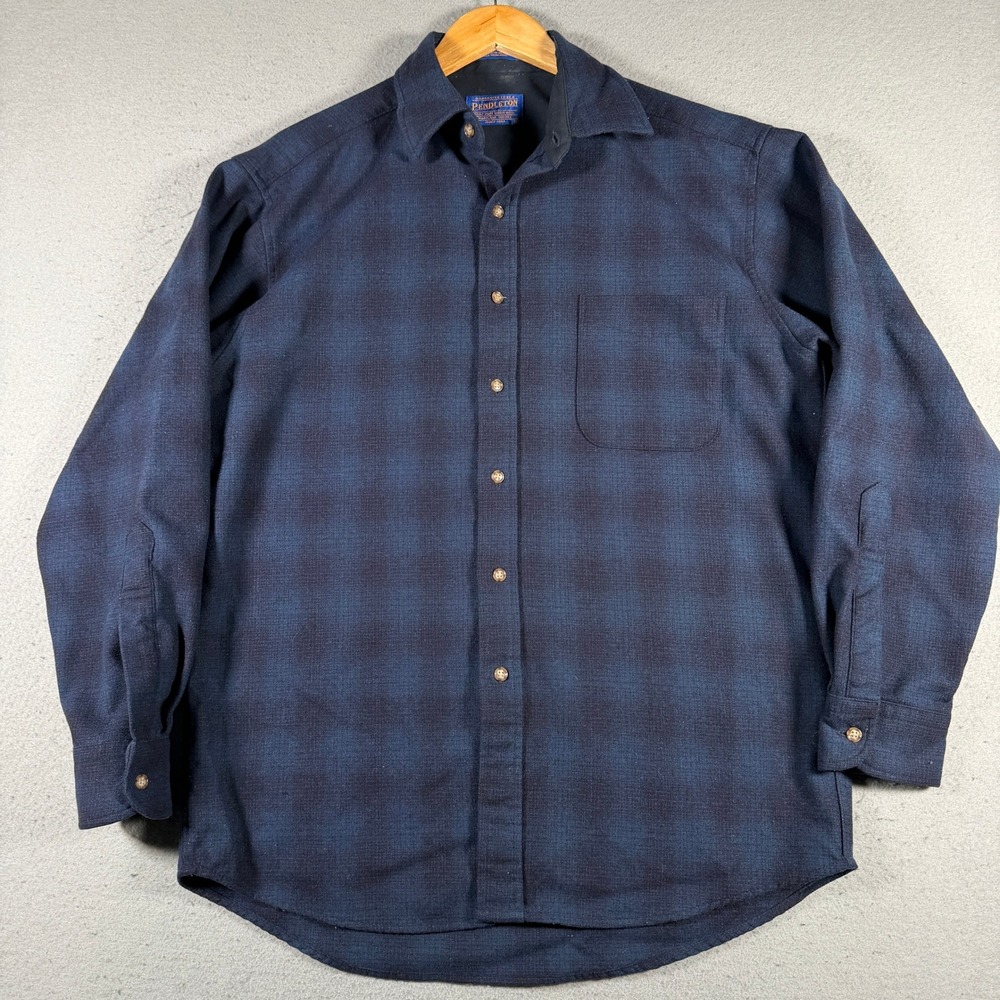 Pendleton Lodge‎ Mens Wool Flannel Shirt Medium Navy Blue Plaid Long Sleeve M